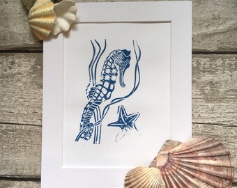 Sea horse, blue and white linocut print