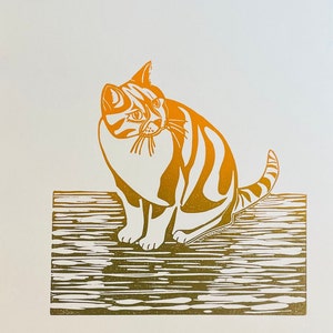 Cat Ginger print which is a handmade original lino print image 1