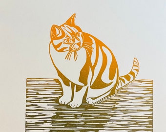 Cat Ginger print which is a handmade original lino print