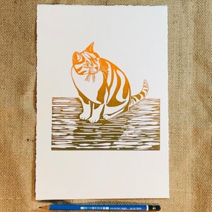 Cat Ginger print which is a handmade original lino print image 2