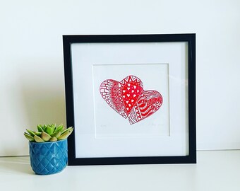 Valentines day, Red hearts lino print, handmade and handprinted original artwork