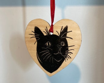 Black Cat printed on wooden hearts, original lino print on birch wood hearts