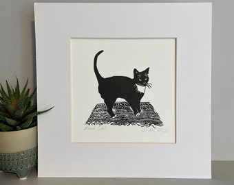 Black and white cat print which is handmade original lino print