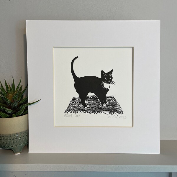 Black and white cat print which is handmade original lino print