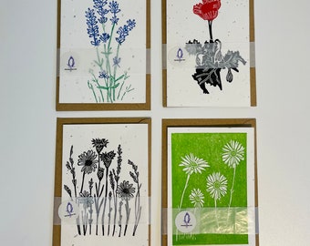 Poppy, lavender, daisies and wild flower seeded paper cards, handprinted original lino prints