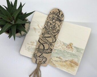 Dragon bookmark design, Wooden bookmark for teacher. Present for a friend. Ideal TA gift. Lino print bookmark.