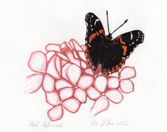 Red Admiral Butterfly, original lino print, handmade gift.