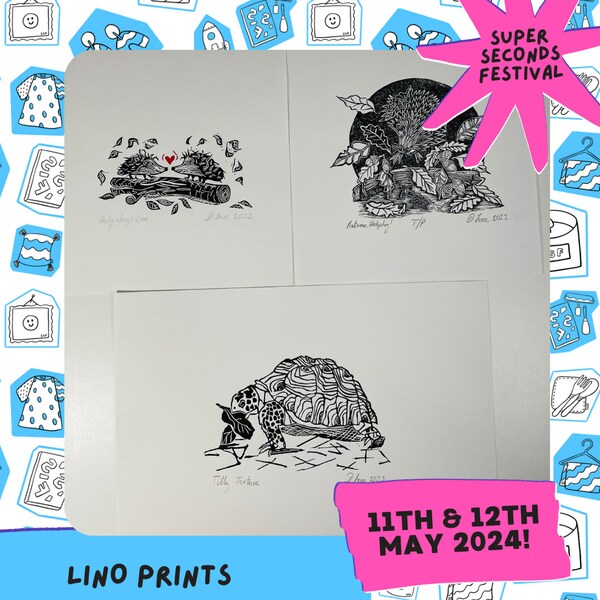 Hedgehogs and Tortoise lino prints SSF