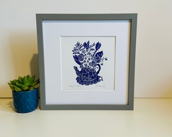 Blue flowers in a teapot print, original linocut print