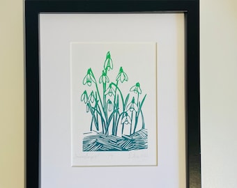 Snowdrops, limited edition lino cut handmade artwork print