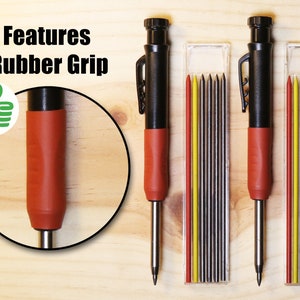 May include: Three black mechanical pencils with red and yellow lead refills. The pencils have a rubber grip and a clip on the top. The lead refills are in clear plastic cases.