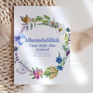 Cartão de bebê islâmico, cartões de felicitações islâmicos, anúncio de bebê menina islâmico, cartão Dua muçulmano, cartão Alhamdulillah, cartão de bebê recém-nascido muçulmano