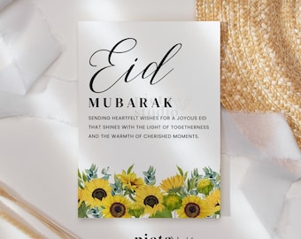 Eid Mubarak Karten zum ausdrucken, Eid Al Fitr Geschenke, Happy Eid Kartenvorlage, Islamische Grußkarten zum ausdrucken, Muslimische Geschenke für Frauen, Sonnenblume