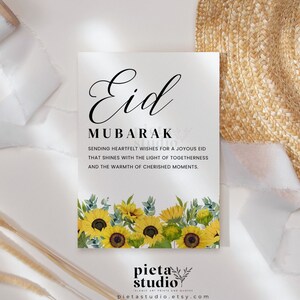 Cartões Eid Mubarak para impressão, presentes Eid Al Fitr, modelo de cartão Happy Eid, cartões islâmicos para impressão, presentes muçulmanos para mulheres, girassol