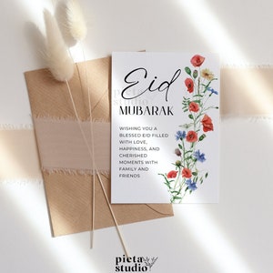 Cartões Eid Mubarak para impressão, presente Eid Al Fitr, modelo de cartão Happy Eid, cartão islâmico para impressão, presentes muçulmanos para mulheres, flores silvestres