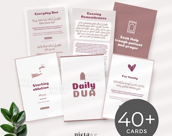 May include: A set of 40+ pink and white cards with Arabic text and illustrations. The cards feature daily duas, starting ablution, evening remembrance, seeking help through patient and prayer, and a dua for family. The cards are designed with a pink and white grid pattern.