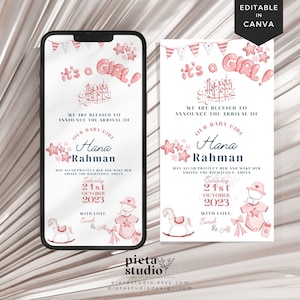 Faire-part de naissance de bébé musulman numérique, carte de naissance musulmane sur toile, modèle de faire-part de bébé islamique, baby shower islamique faveurs fille