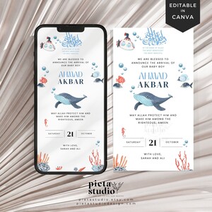 Anuncio de bebé musulmán, invitación para baby shower con temática marina, invitación para baby shower bajo el mar en Canva, plantilla de anuncio de bebé islámico
