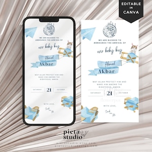 Moslim Baby Boy geboorteaankondiging digitaal, moslim pasgeboren kaart Canva, islamitische baby aankondiging sjabloon, islamitische baby shower gunsten jongens