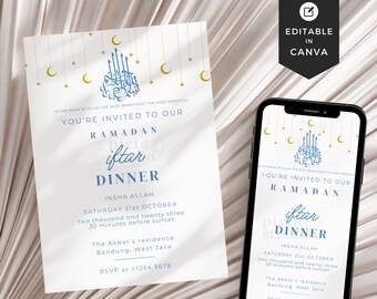 May include: A printable invitation for a Ramadan Iftar dinner. The invitation features a blue and gold design with a crescent moon and stars. The text reads "You're invited to our Ramadan Iftar Dinner" and includes the date, time, and location of the event.