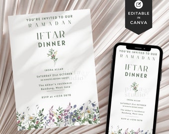 Könnte beinhalten: Eine digitale Einladung zu einem Iftar-Dinner während des Ramadan. Die Einladung zeigt ein florales Design mit weißem Hintergrund und grünem Text. Der Text lautet: "Sie sind zu unserem Ramadan Iftar Dinner eingeladen. Insha Allah, Samstag, 21. Oktober, 30 Minuten vor Sonnenuntergang. Die Residenz Akbar, Bandung, West Java. RSVP unter +1234 5678."