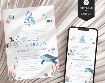 May include: A digital invitation design featuring an underwater theme with a whale, submarine, and fish illustrations. The invitation includes text in blue script, with the words "Yousuf Akbar's Aqeeqah Ceremony". The design is available to edit in Canva.