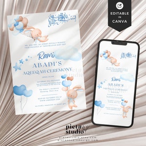 Plantilla digital de invitación Aqiqah Canva, plantilla de tarjeta de invitación Aqeeqah, anuncio de nacimiento de niño musulmán, baby shower islámico Evite