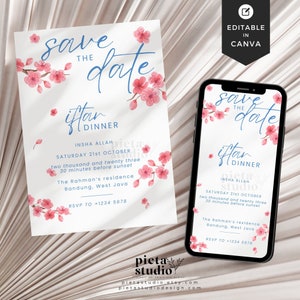 Plantilla de invitación de Ramadán Iftar Canva, invitación digital de fiesta de cena Iftar, invitación de fiesta Iftar, tarjeta de invitación de Ramadán, tarjeta de flor de cerezo