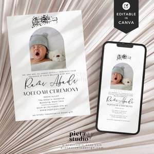 Modelo digital de convite Aqiqah Canva, cartão de convite Aqeeqah editável, anúncio de bebê muçulmano com foto, chá de bebê islâmico Evite