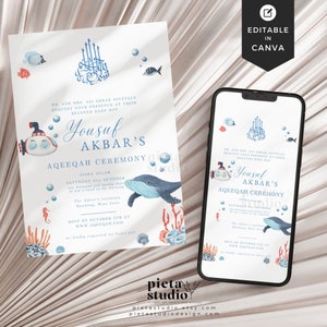 Plantilla digital de invitación Aqiqah Canva, tarjeta de invitación editable Aqeeqah, anuncio de nacimiento de niño musulmán, baby shower islámico Evite