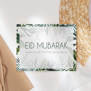 Cartão botânico Eid Mubarak Impressões digitais, cartão islâmico para impressão, folha tropical, presente feliz Eid para mulheres, cartão Ramadan Eid Al Fitr
