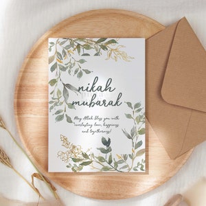 Cartão Nikkah Mubarak, download digital Nikah, casamento muçulmano, cartão Walima para impressão, impressão de ilustração botânica, presentes islâmicos para casal
