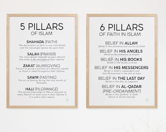 6 Pillars of Faith in Islam and 5 pillars of Islam Wall Art Printable, Muslim Nursery Black and White, Modern Minimalist Kids Room Decor