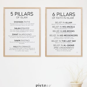 6 Pillars of Faith in Islam and 5 pillars of Islam Wall Art Printable, Muslim Nursery Black and White, Modern Minimalist Kids Room Decor