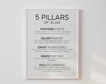 5 Pillars of Islam Wall Art Printable, Islamic Kids Educational Poster, Muslim Nursery Print Black White, Modern Minimalist Home Decor Print