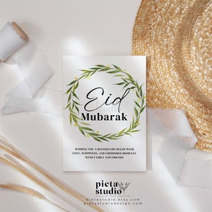 Cartões Eid Mubarak para impressão, modelo de cartões Eid, cartões islâmicos, cartão feliz Eid Mubarak, presentes Eid para mulheres, cartão de guirlanda de vegetação