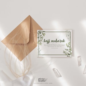 Cartão Hajj Mubarak, download digital de cartão islâmico, presente Umra, cartões Hajj, presentes muçulmanos para ela, cartão de ilustração de plantas, Kaaba