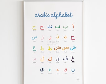 Kleurrijke Arabische alfabet poster digitale print, islamitische muur kunst kinderen leren afdrukbare, islamitische kalligrafie citaten, homeschool decor kwekerij