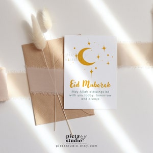 Download digital do cartão Eid Mubarak, Happy Eid Moon para impressão, modelo de cartão islâmico, presentes Eid para crianças, cartões de família do Ramadã