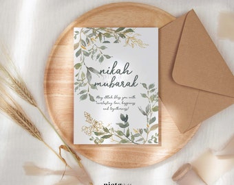 Nikkah Mubarak Karte mit Umschlag, islamisches Hochzeitsgeschenk für Paare, Nikah Mubarak, Walima Geschenk, muslimisches Paargeschenk, botanische Grußkarten