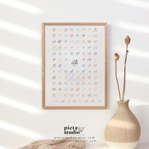 Digital Printable of Colorful 99 Names of Allah Asmaul Husna with Meaning Poster Print