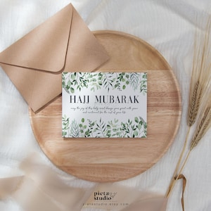 Carte du Hajj Mubarak, téléchargement numérique de carte de voeux islamique, cadeau de la Omra, cartes du Hajj, cadeaux musulmans pour les femmes, carte d'illustration botanique, Kaaba
