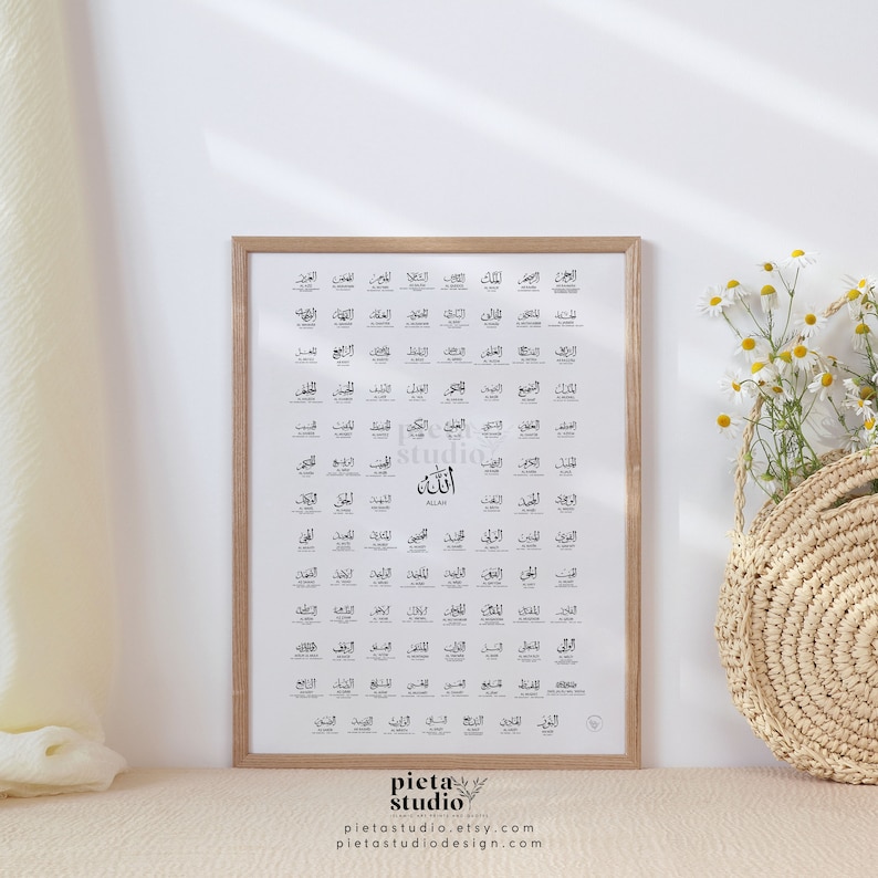Digital Printable of 99 Names of Allah with Meaning Poster Print