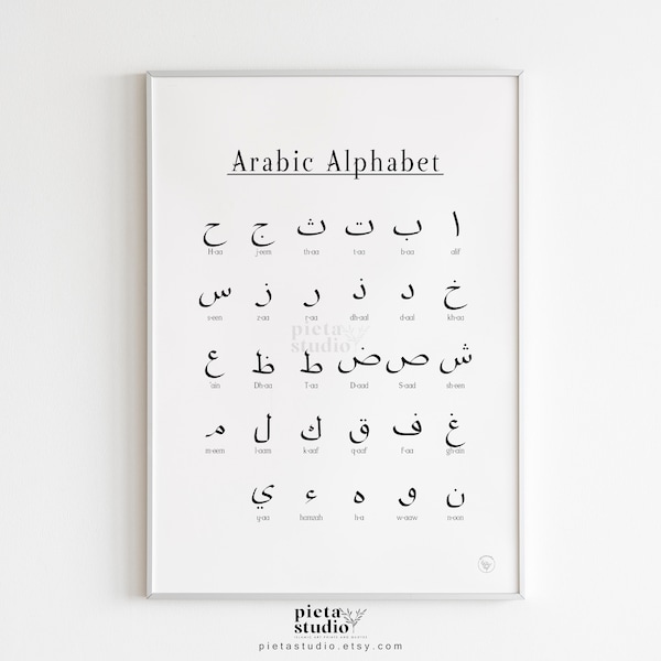 Affiche de l'alphabet arabe impression numérique, art mural islamique enfants apprenant imprimable, calligraphie musulmane citations art mural, déco école à la maison chambre d'enfant