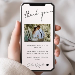 Modèle de carte de remerciement de mariage électronique, téléphone moderne de remerciement, message texte numérique photo de remerciement, texte de remerciement numérique