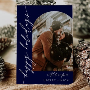 Modern Photo Holiday Card Template, Navy Christmas Card Template, Family Photo Christmas Card,