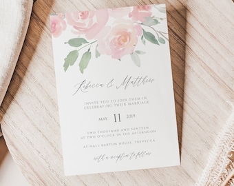 Roses Wedding Invitation Template, Floral Wedding Invite, Pink Roses Printable Invitation, #053-WI