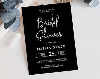 Black Minimalist Bridal Shower Invitation Template, DIY Bridal Shower Printable Invitation, Script Bridal Shower Invite, #109-BS