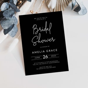 Black Minimalist Bridal Shower Invitation Template, DIY Bridal Shower Printable Invitation, Script Bridal Shower Invite, #109-BS