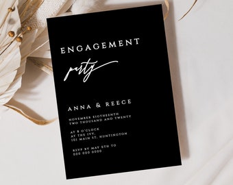 Elegant Black Engagement Party Invitation Template, Printable Engagement Invitation Card, , 100% Editable Text, #038-E